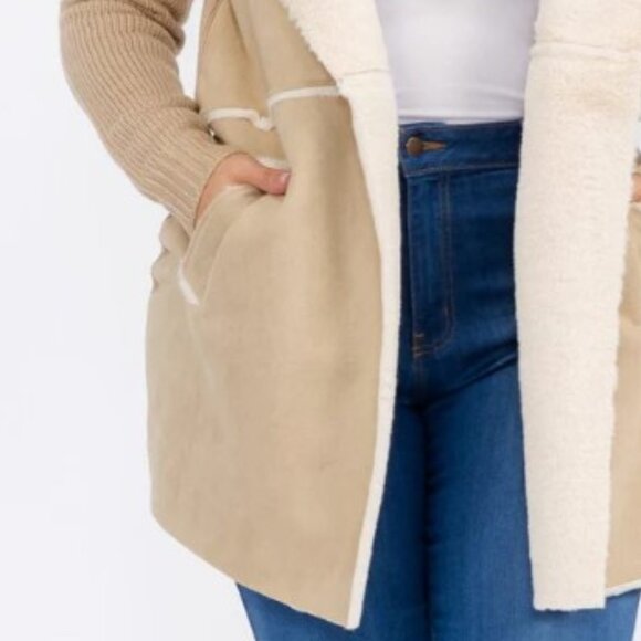 OnTwelfth Women’s Plus Size Open Front Faux Suede & Sherpa Lined Coat – Beige - Picture 7 of 12